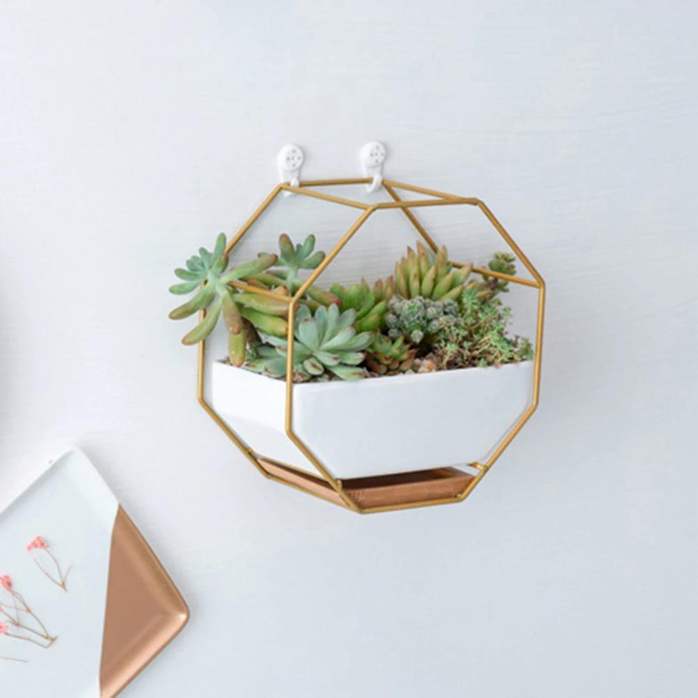 Geometric Ceramic Wall Planter with Octagonal Iron Frame