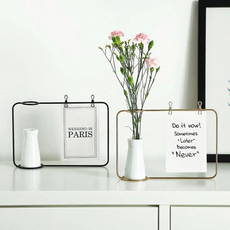 Iron Photo Display Frame with Ceramic Vase and Clips