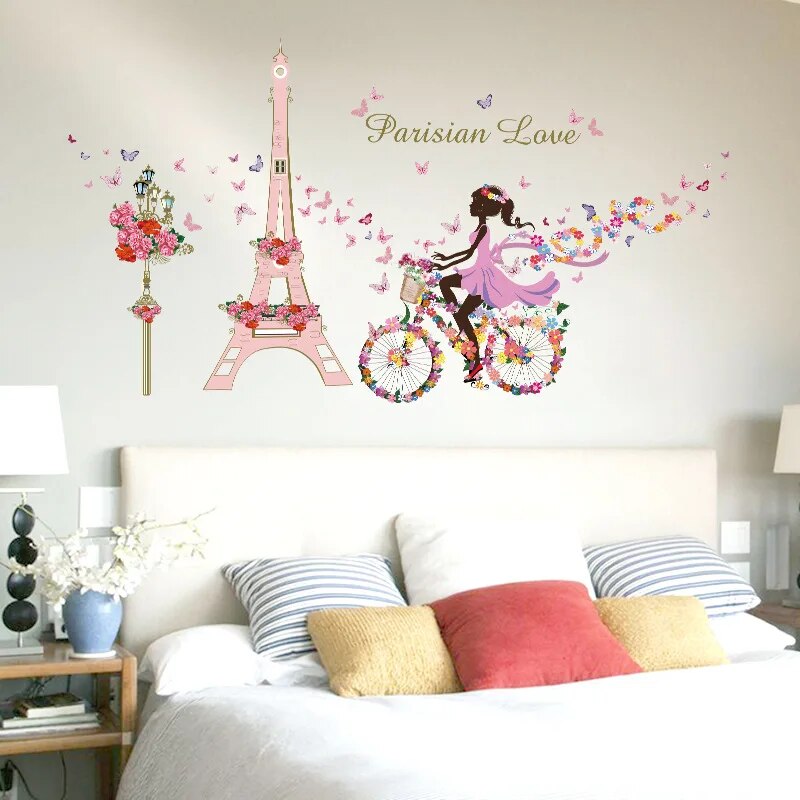 Romantic Paris Wall Sticker For Kids Rooms Eiffel Tower Flower Butterfly Fairy Girl Riding Art Decal Home Decor Mural