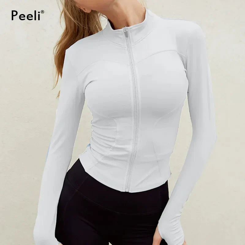 Peeli Long Sleeve Sports Jacket Women Zip Fitness Yoga Shirt Winter Warm Gym Top Activewear Running Coats Workout Clothes Woman