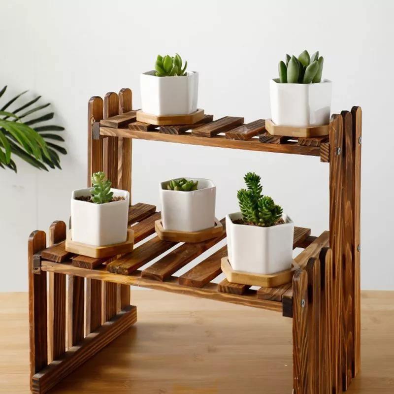 Hexagon Ceramic Succulent Planter with Bamboo Saucer