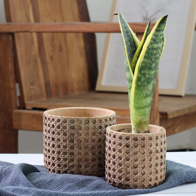 Natural Rattan Texture Cement Planter