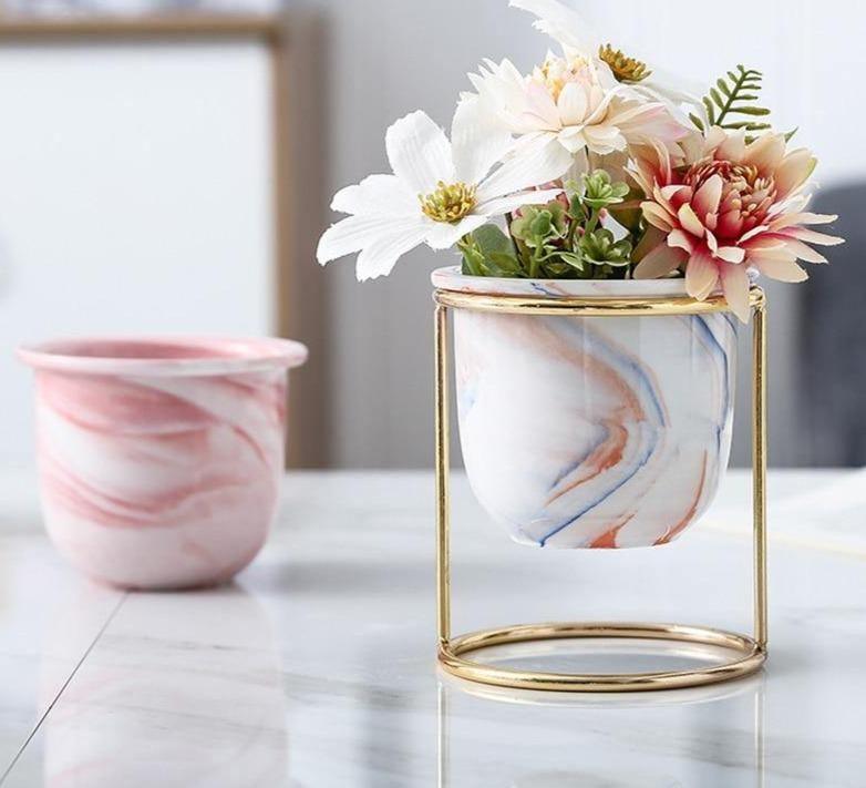 Marbled Ceramic Planter with Gold Metal Plant Stand