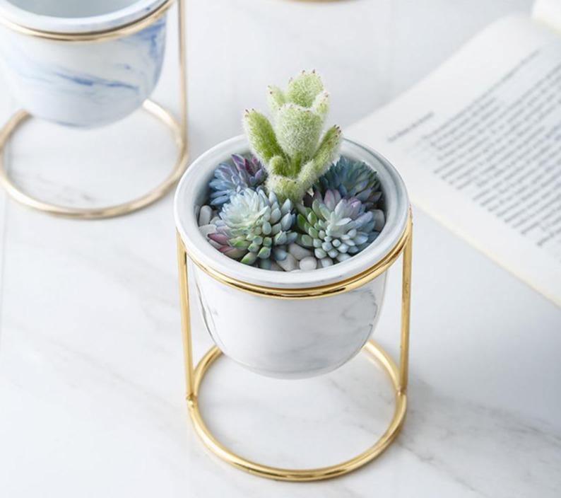 Marbled Ceramic Planter with Gold Metal Plant Stand