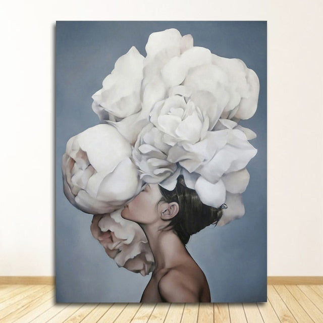 Flowers Feathers Woman Abstract Canvas Poster